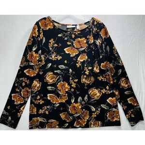 Susan Graver Top Women Medium Black Gold Metallic Long Sleeve Floral Stretch